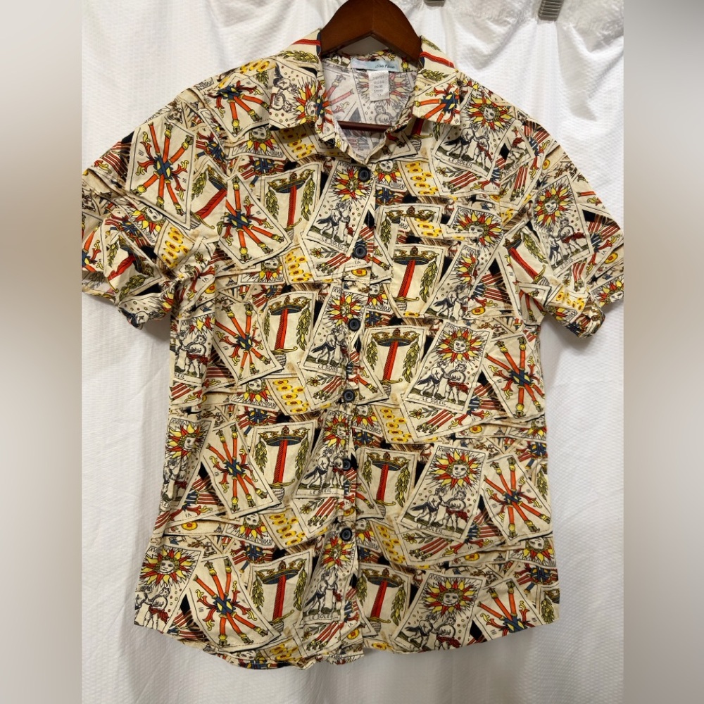 Eva Rose Womens Button Down Shirt Hawaiian Tarot Cards Short Sleeve Sz‎ M EUC